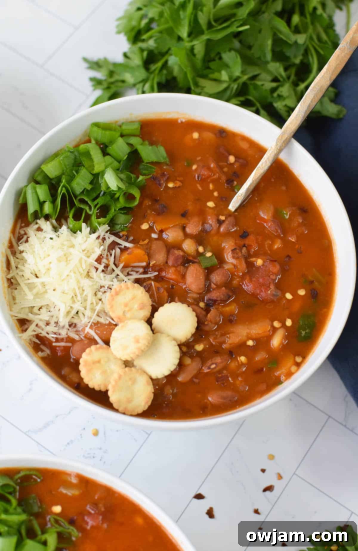 A bowl of Instant Pot 15 Bean Soup with cheese and crackers, ready to be enjoyed.