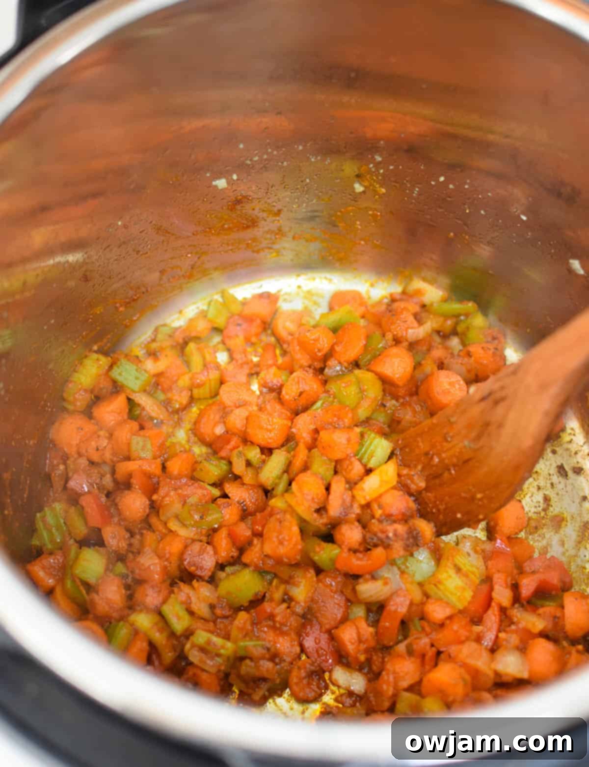 Sautéed vegetables in the Instant Pot, ready for the next steps of the 15 Bean Soup recipe.