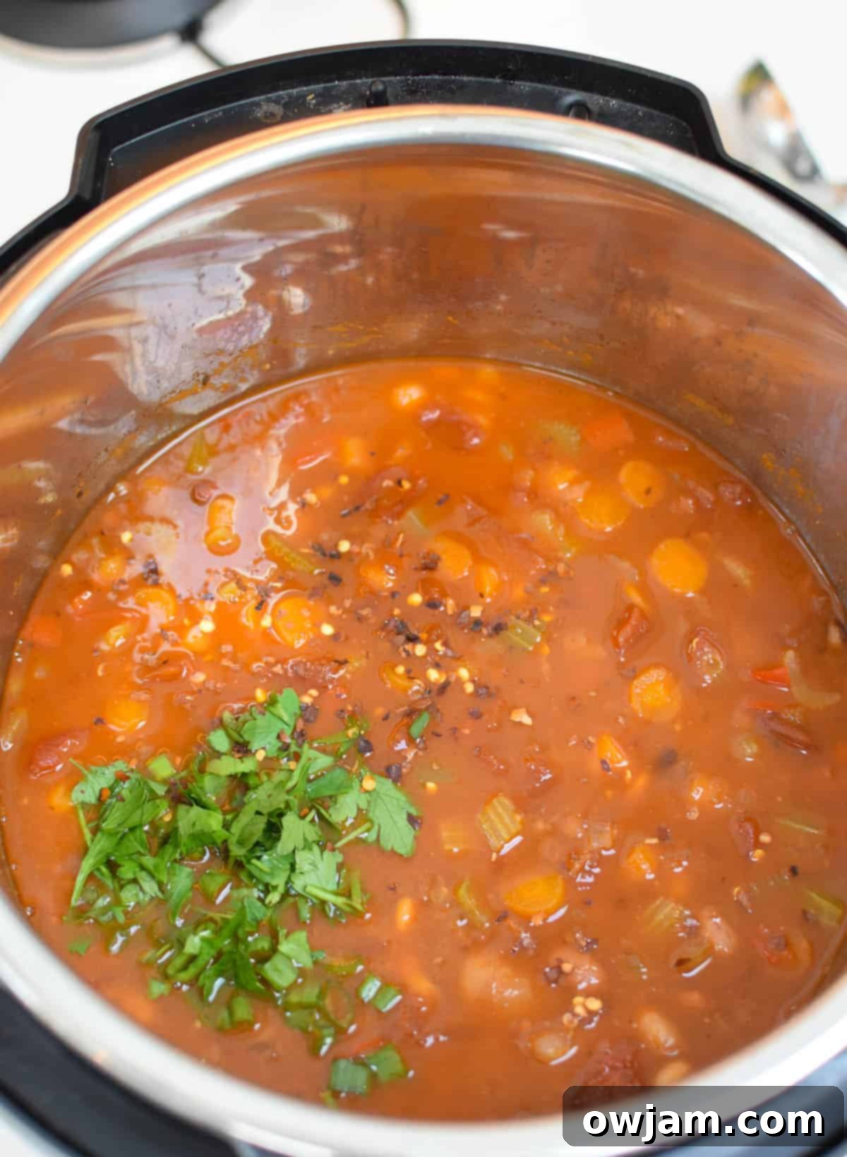 Close-up of the Instant Pot containing the cooked 15 Bean Soup, ready to be served.