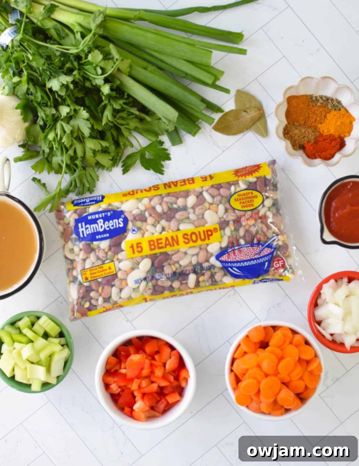 A package of Hurst's 15 Bean Soup mix, showing the variety of dried beans.