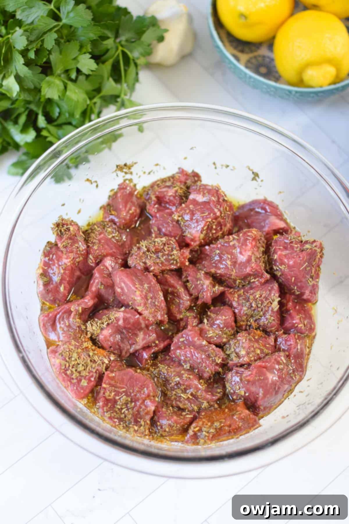 Authentic Greek Beef Souvlaki 5 Beef cubes marinating in a Greek sauce