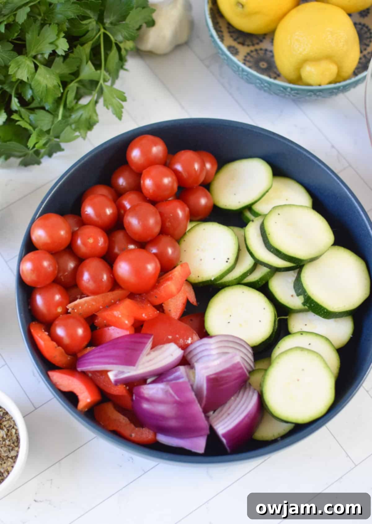 Authentic Greek Beef Souvlaki 9 Vegetables in a bowl with marinade