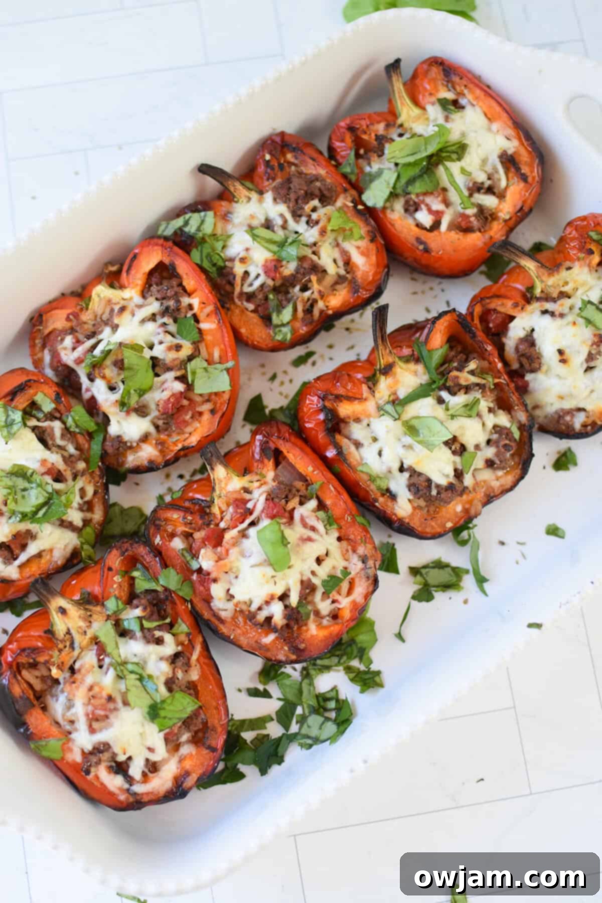 Smoky and Savory Stuffed Peppers 5 Grilled Stuffed Peppers on a white plate