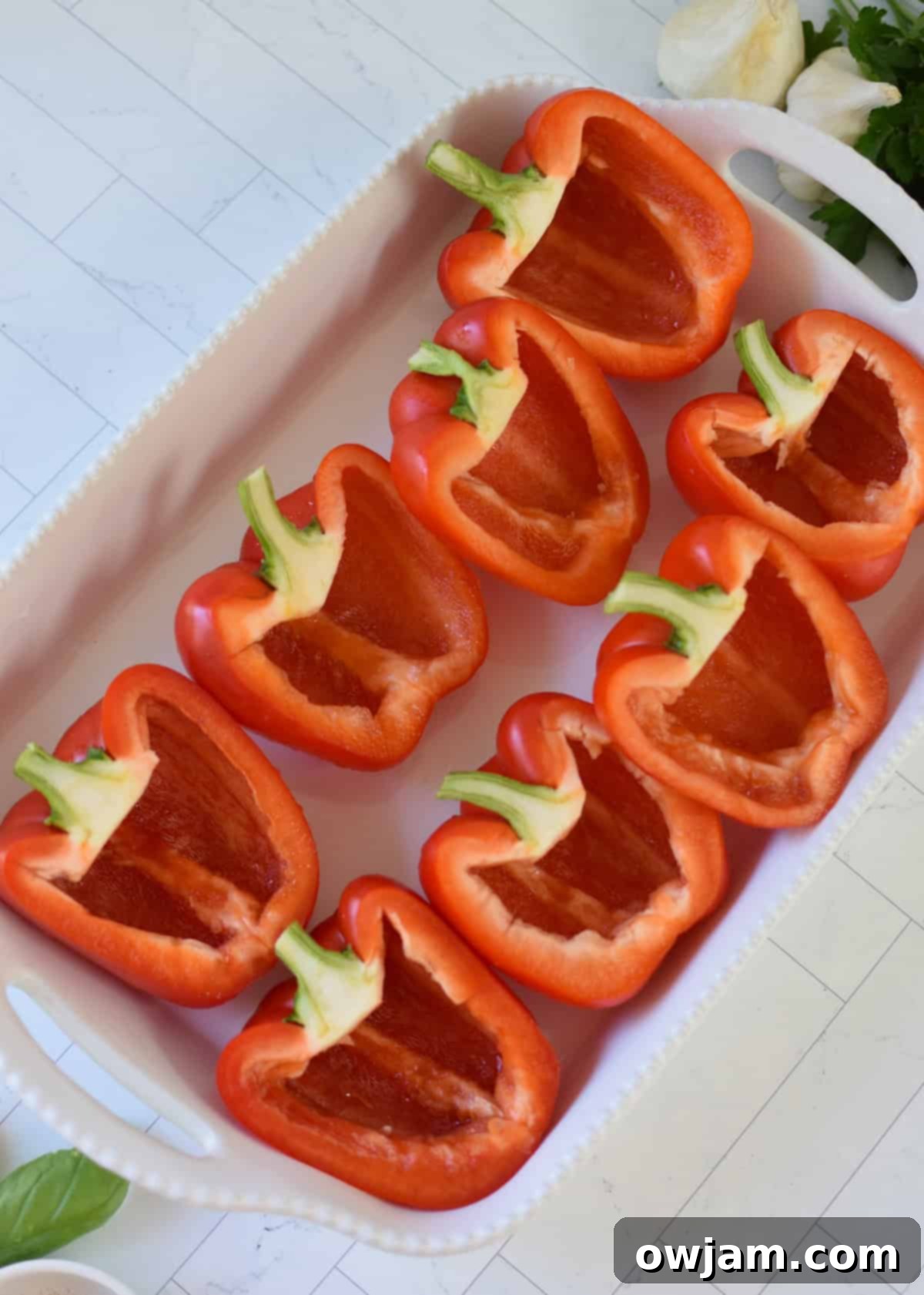 Smoky and Savory Stuffed Peppers 6 Grilled Stuffed Peppers in a baking dish