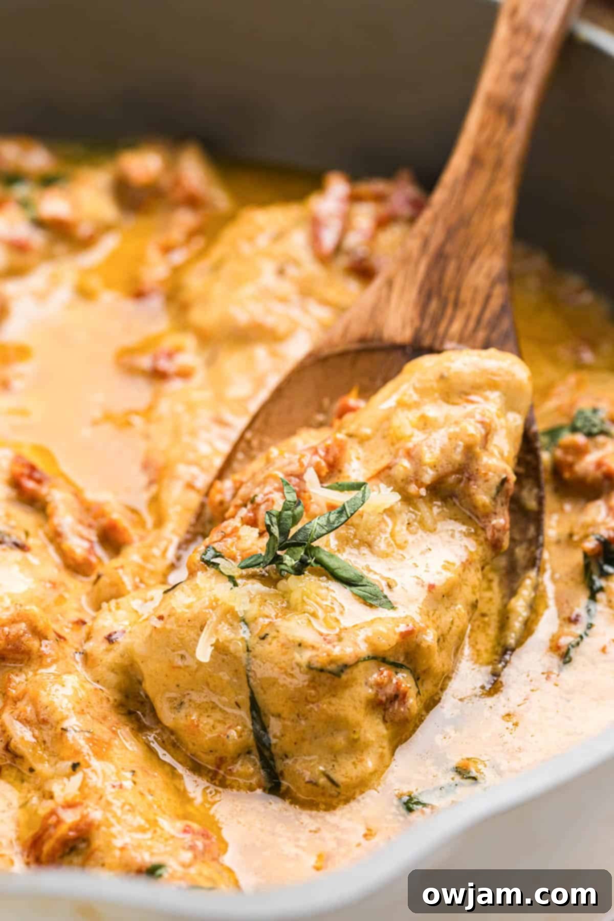 A close-up of Marry Me Chicken on a spoon, showing the creamy sauce and bits of sun-dried tomatoes and basil.