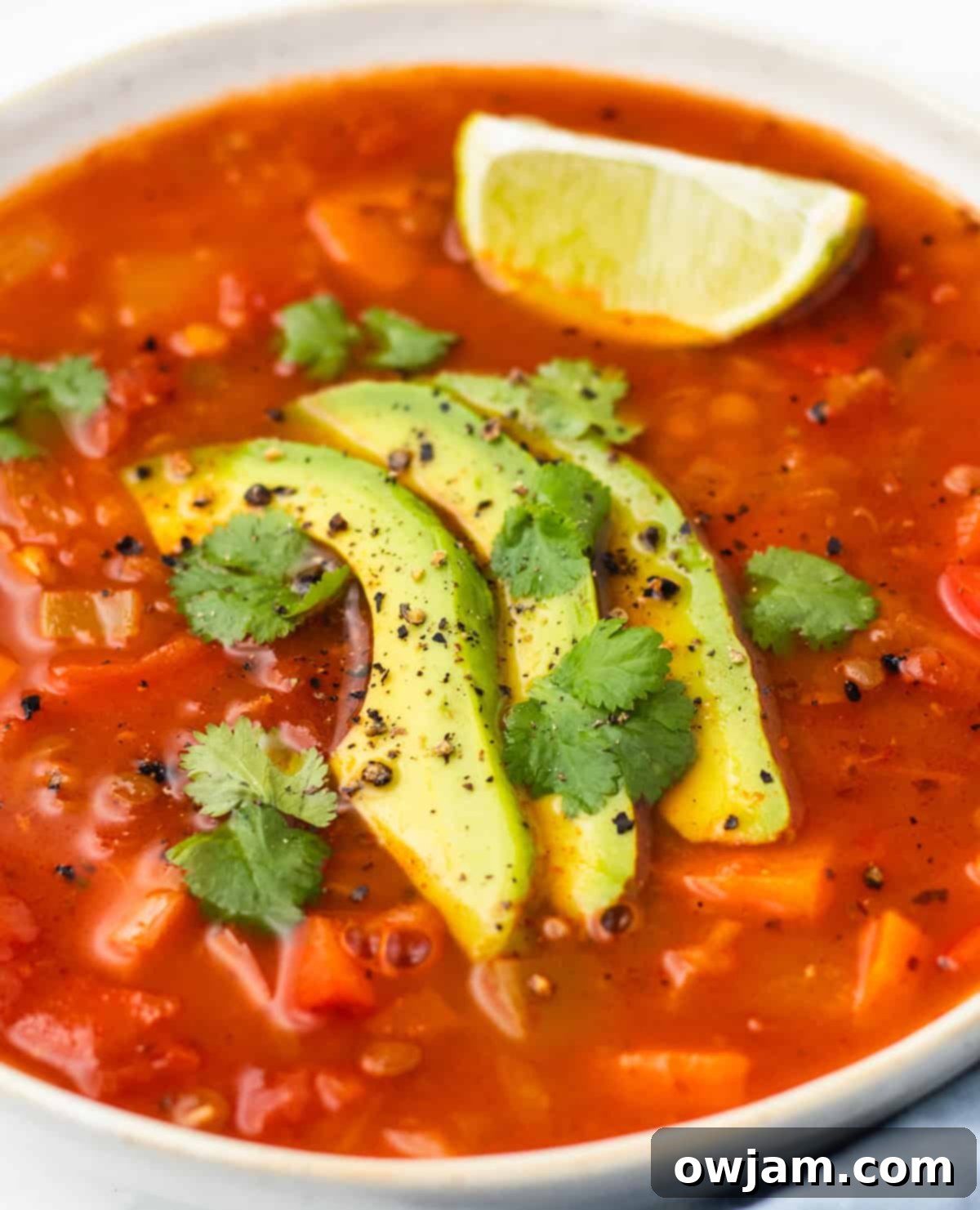 Mexican Lentil Soup 5 A bowl of Mexican Lentil Soup with avocado and lime wedges, ready to be served.