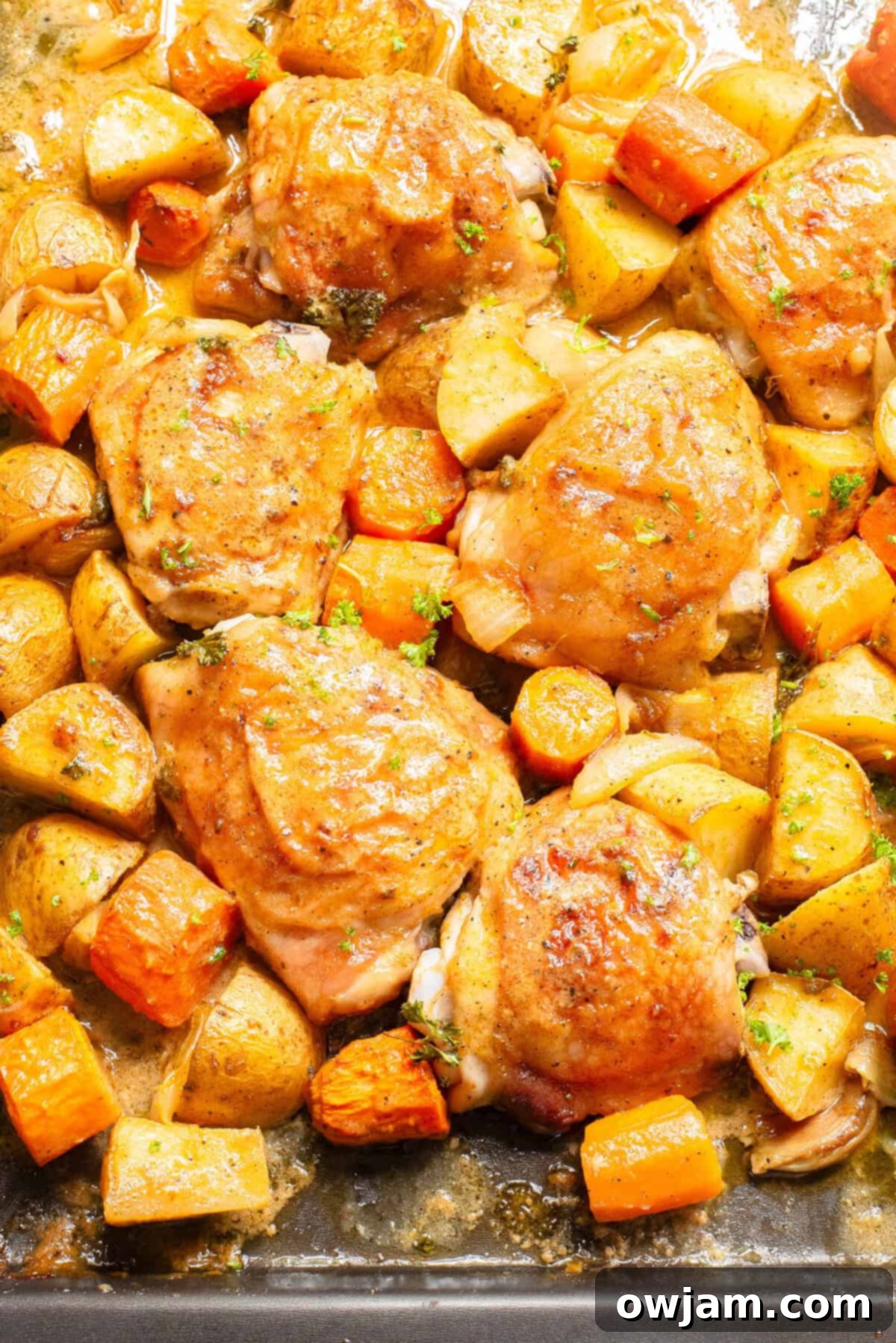 Easy Sheet Pan Honey Mustard Chicken Thighs 3 Sheet Pan Honey Mustard Chicken Thighs with potatoes and carrots