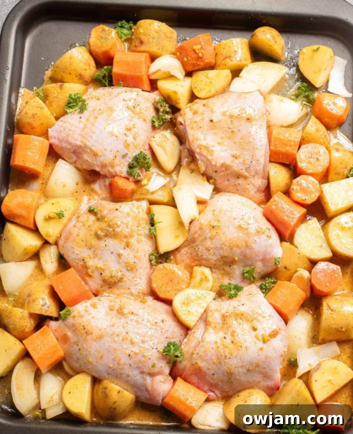 Easy Sheet Pan Honey Mustard Chicken Thighs 7 Sheet Pan Honey Mustard Chicken Thighs with sauce