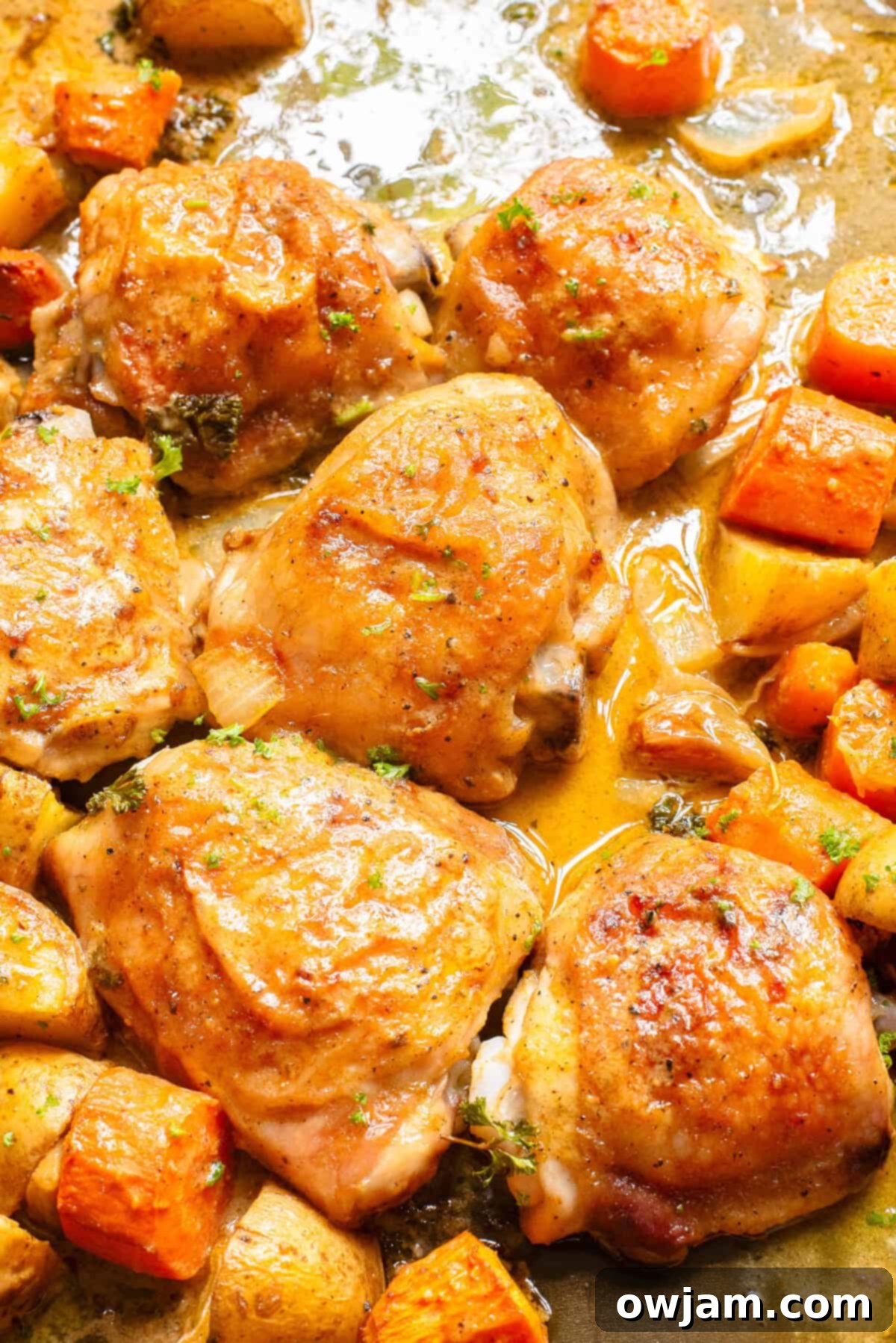 Easy Sheet Pan Honey Mustard Chicken Thighs 8 Sheet Pan Honey Mustard Chicken Thighs on a sheet pan