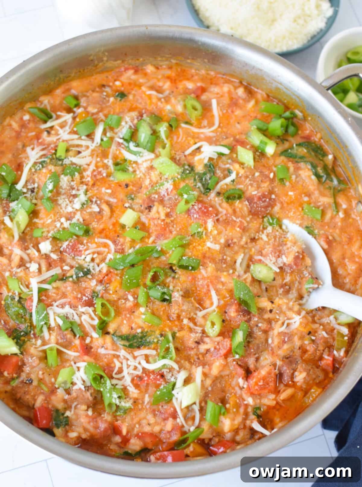 Creamy Cajun Sausage and Rice Skillet 2 Creamy Cajun Sausage Rice Skillet in a skillet, ready to be served