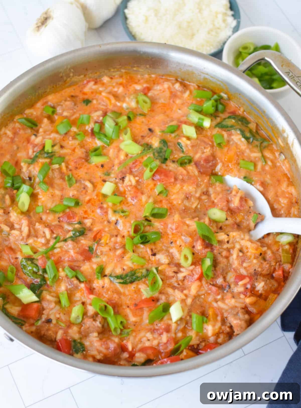 Creamy Cajun Sausage and Rice Skillet 5 Creamy Cajun Sausage Rice Skillet garnished with fresh green onions