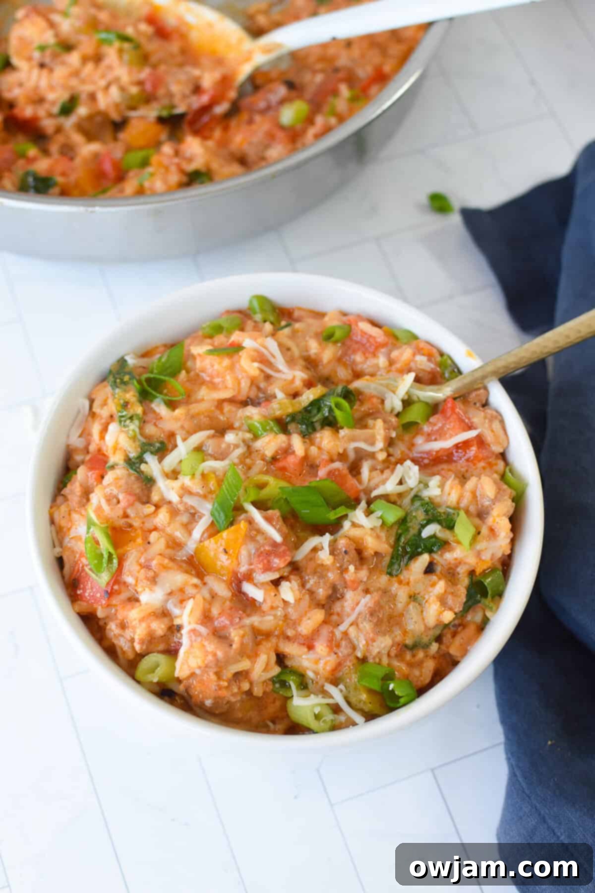 Creamy Cajun Sausage and Rice Skillet 10 Close-up of Creamy Cajun Sausage Rice Skillet in a bowl, ready to eat