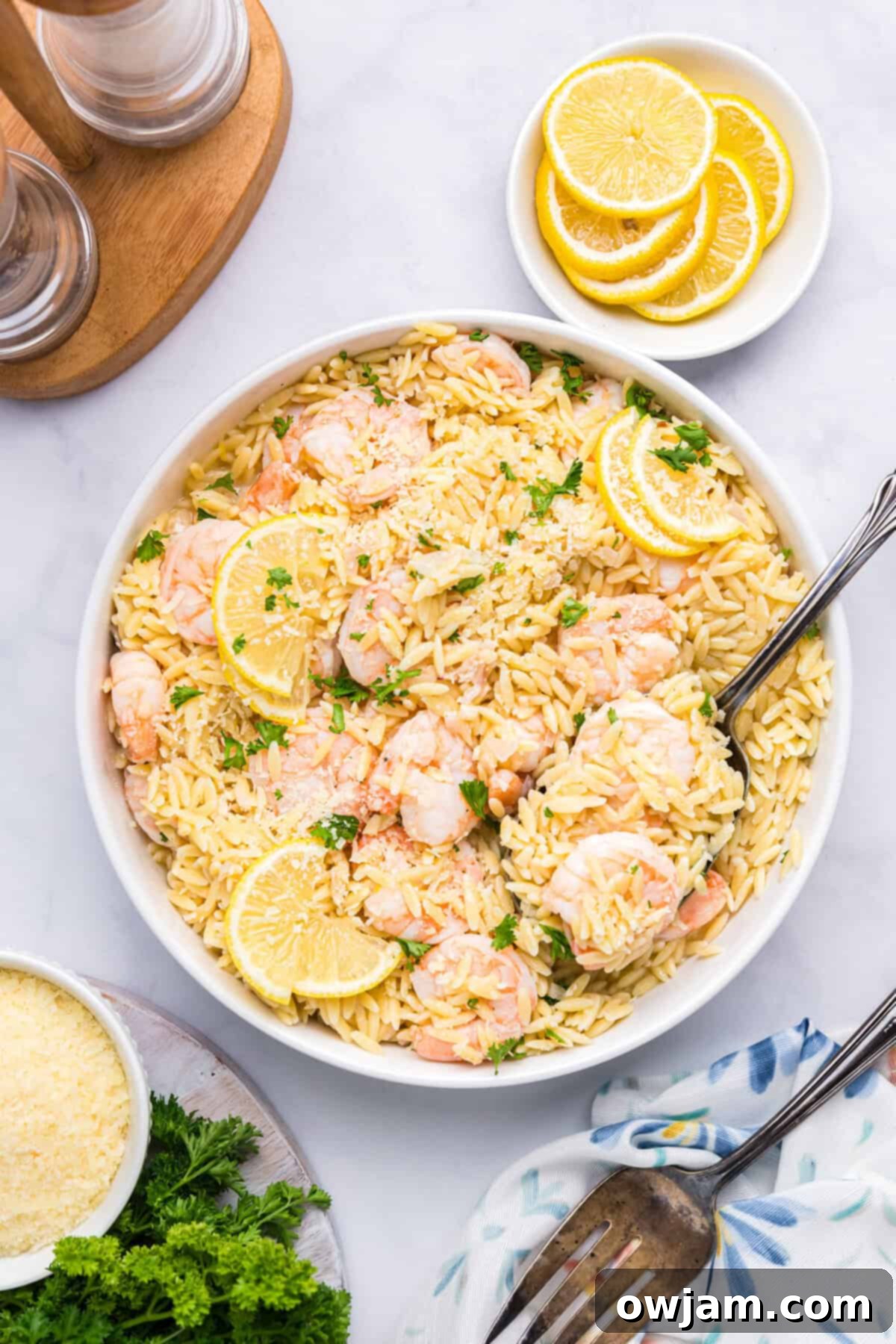 Zesty Lemon Shrimp with Orzo 2 Zesty Lemon Shrimp and Orzo Pasta dish served with a spoon and fresh lemon wedges, on a white plate
