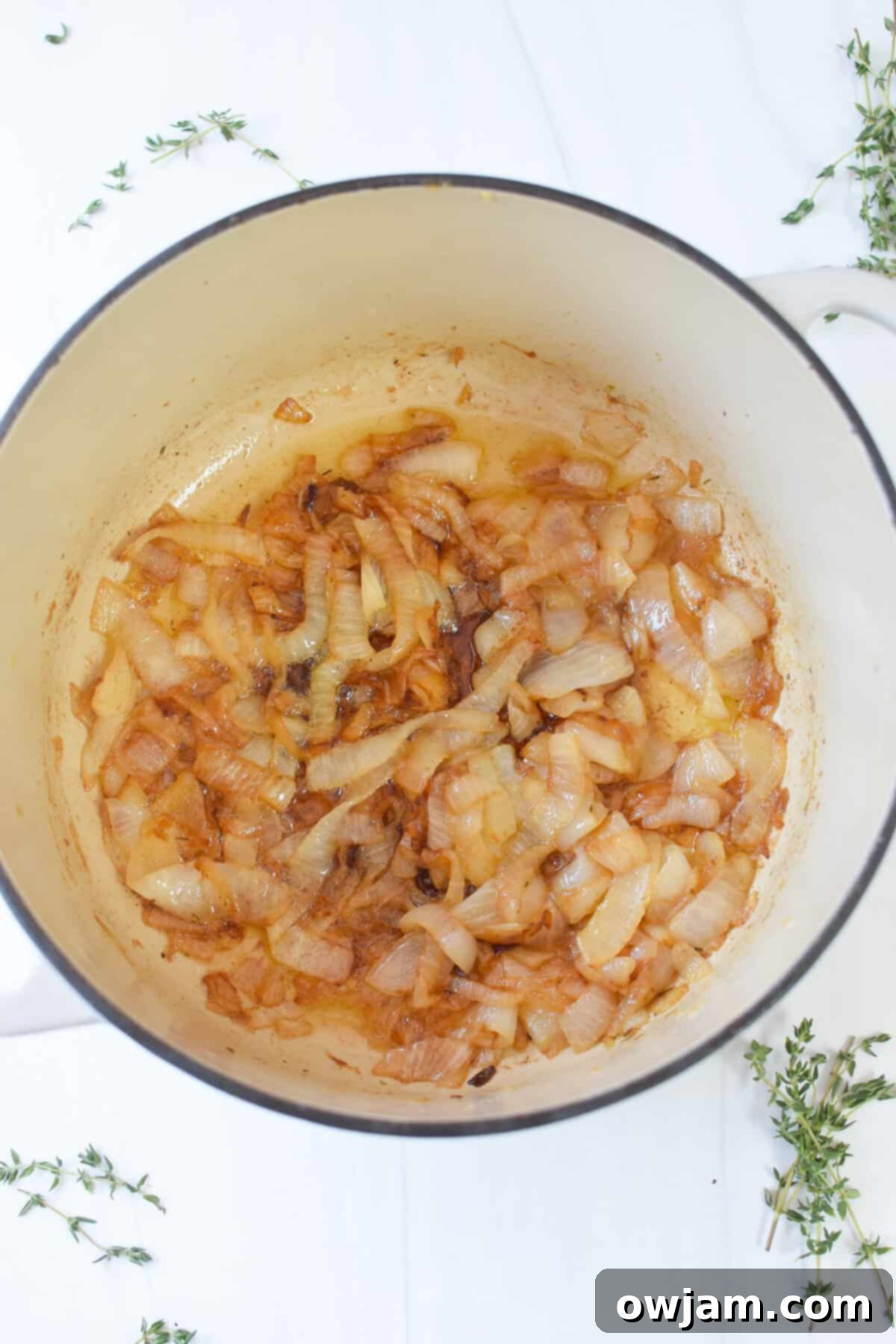 French Onion Pork Chops caramelized onions in a dutch oven 