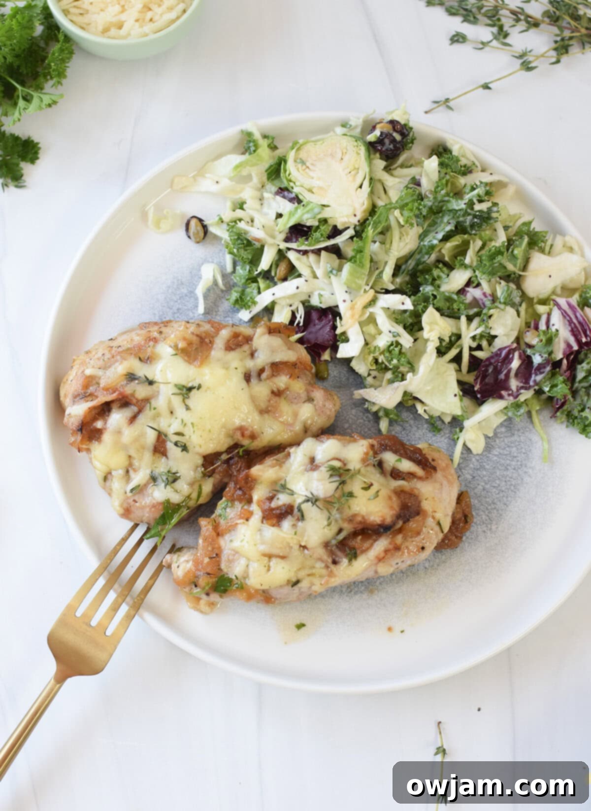 French Onion Pork Chops with salad 