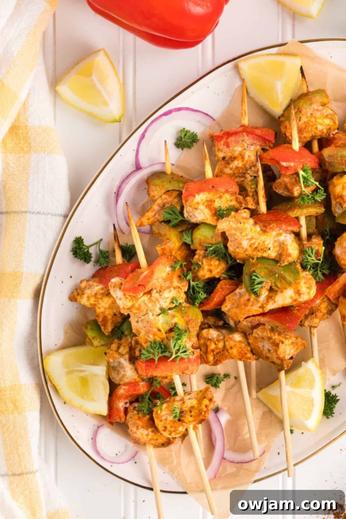 Flavorful Chicken Tikka Skewers 5 Chicken Tikka Kebabs on a platter