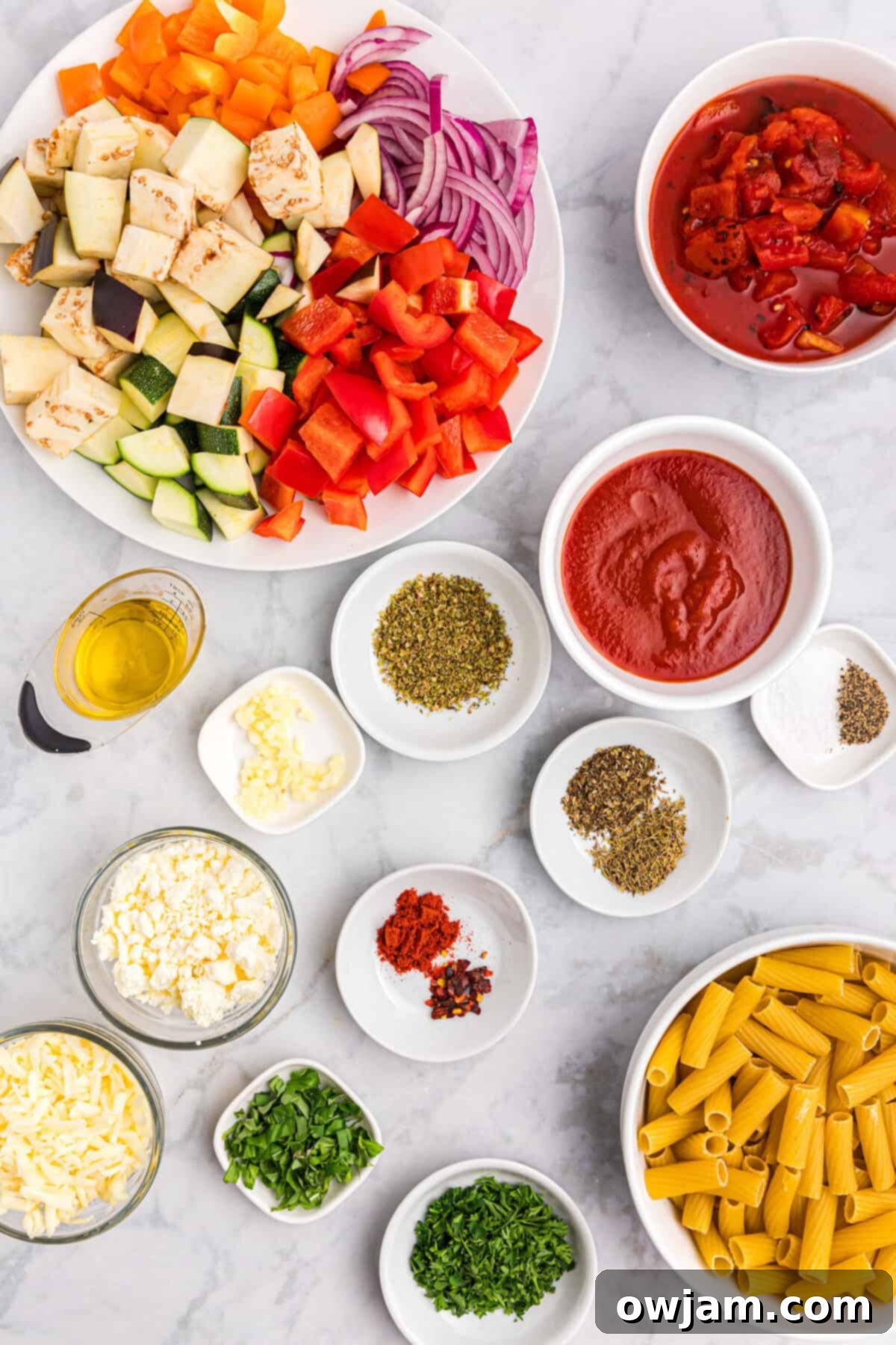 Mediterranean Roasted Vegetable Pasta Bake ingredients
