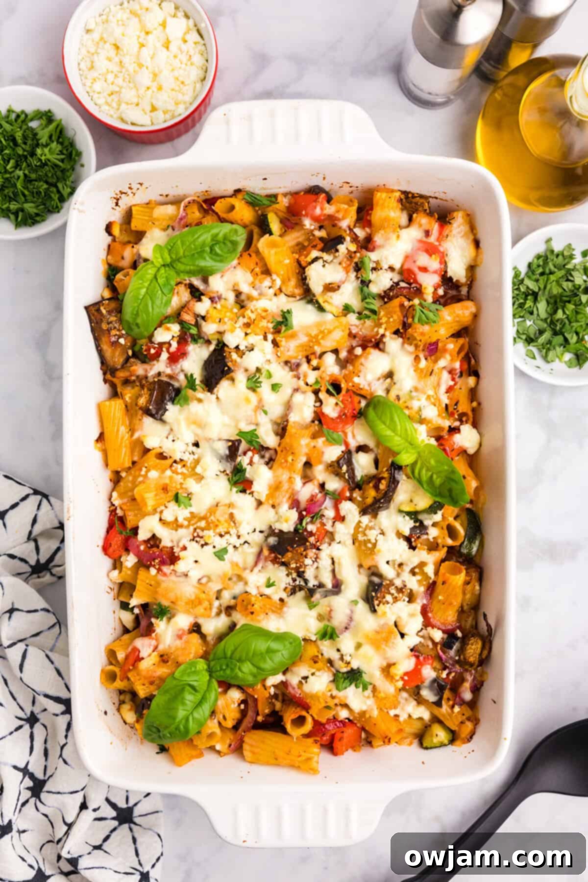 Mediterranean Roasted Vegetable Pasta Bake with fresh basil 