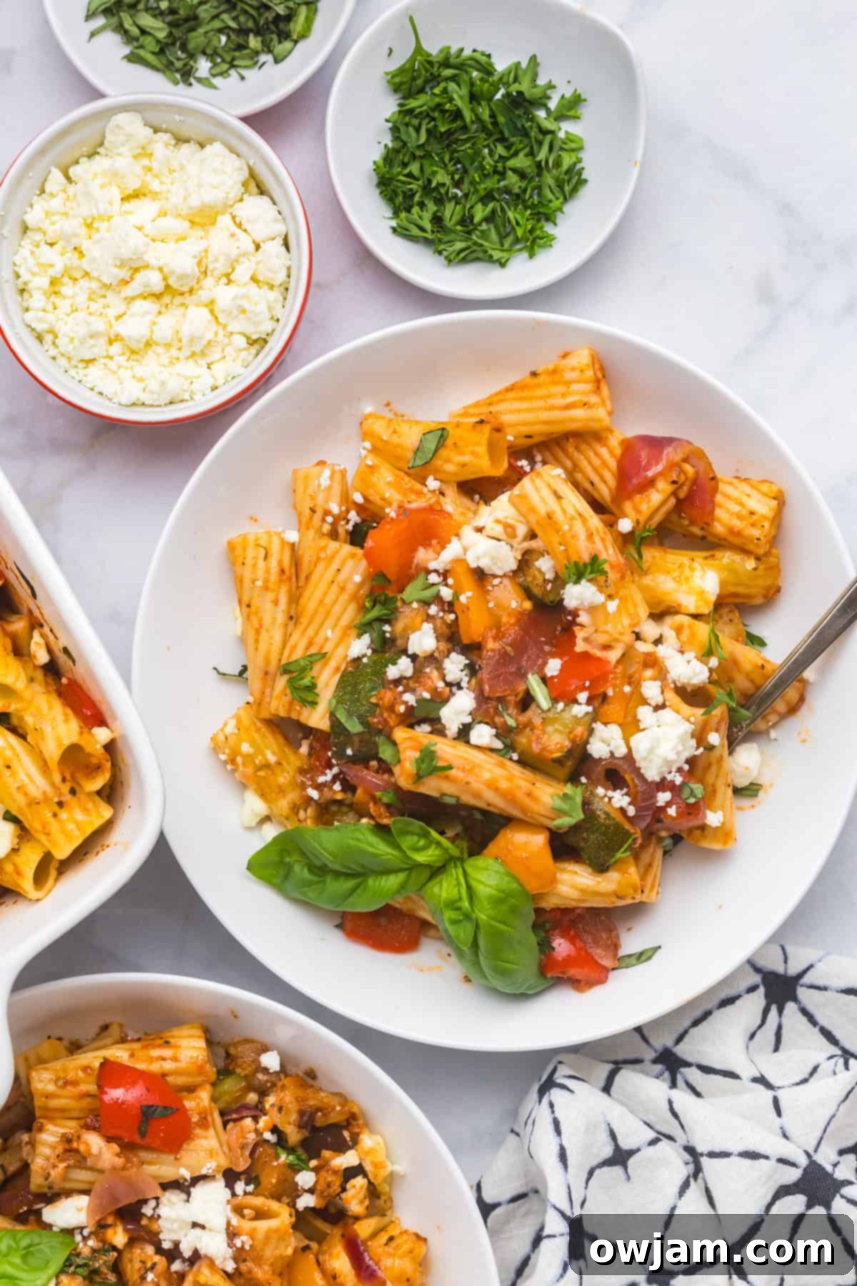 Mediterranean Roasted Vegetable Pasta Bake in a bowl 