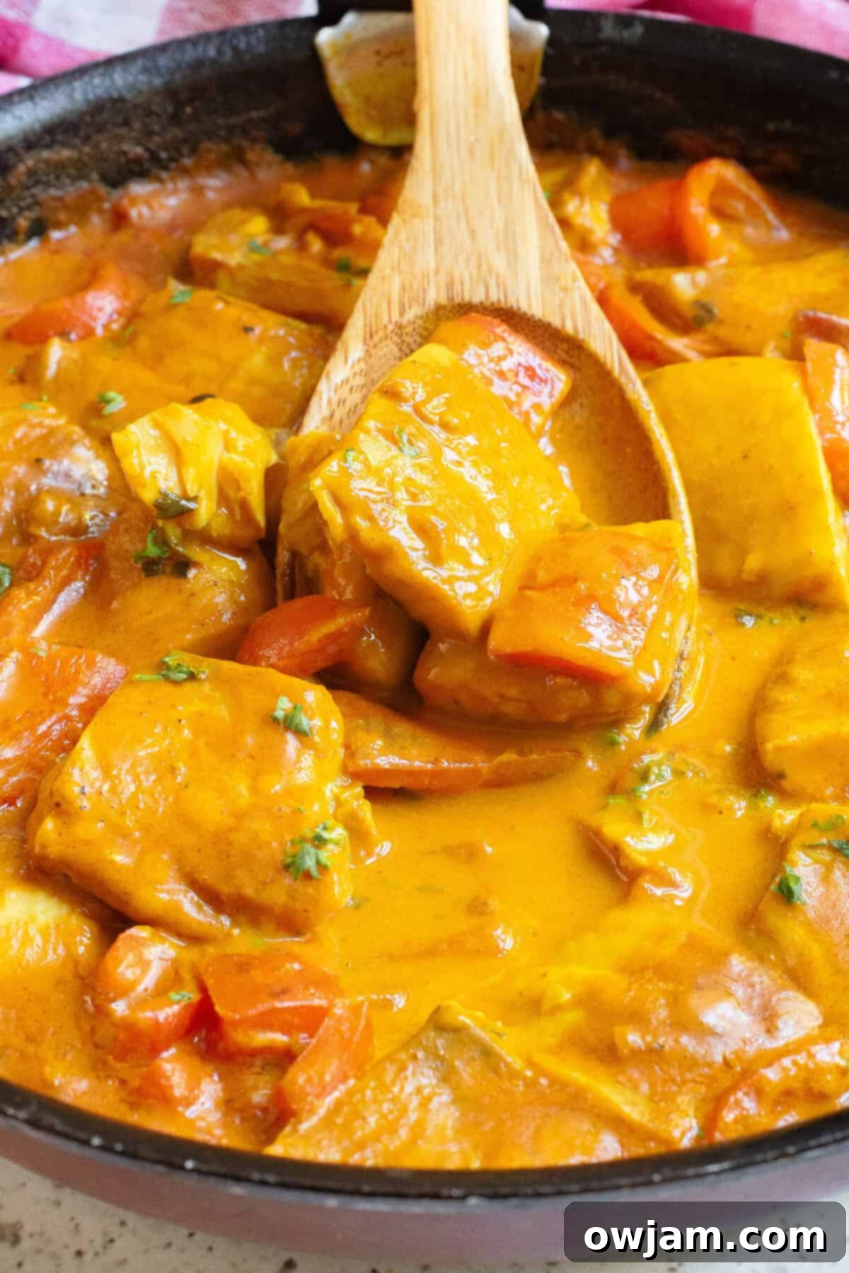 Luscious Coconut Fish Curry 5 A large skillet filled with the simmering Coconut Fish Curry sauce, just before adding the fish.