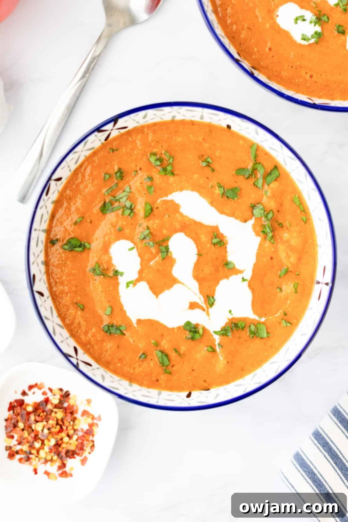 Spiced Tomato & Lentil Delight 5 A bowl of Lentil Tomato Soup with a swirl of Greek yogurt and a sprinkle of fresh herbs on top.