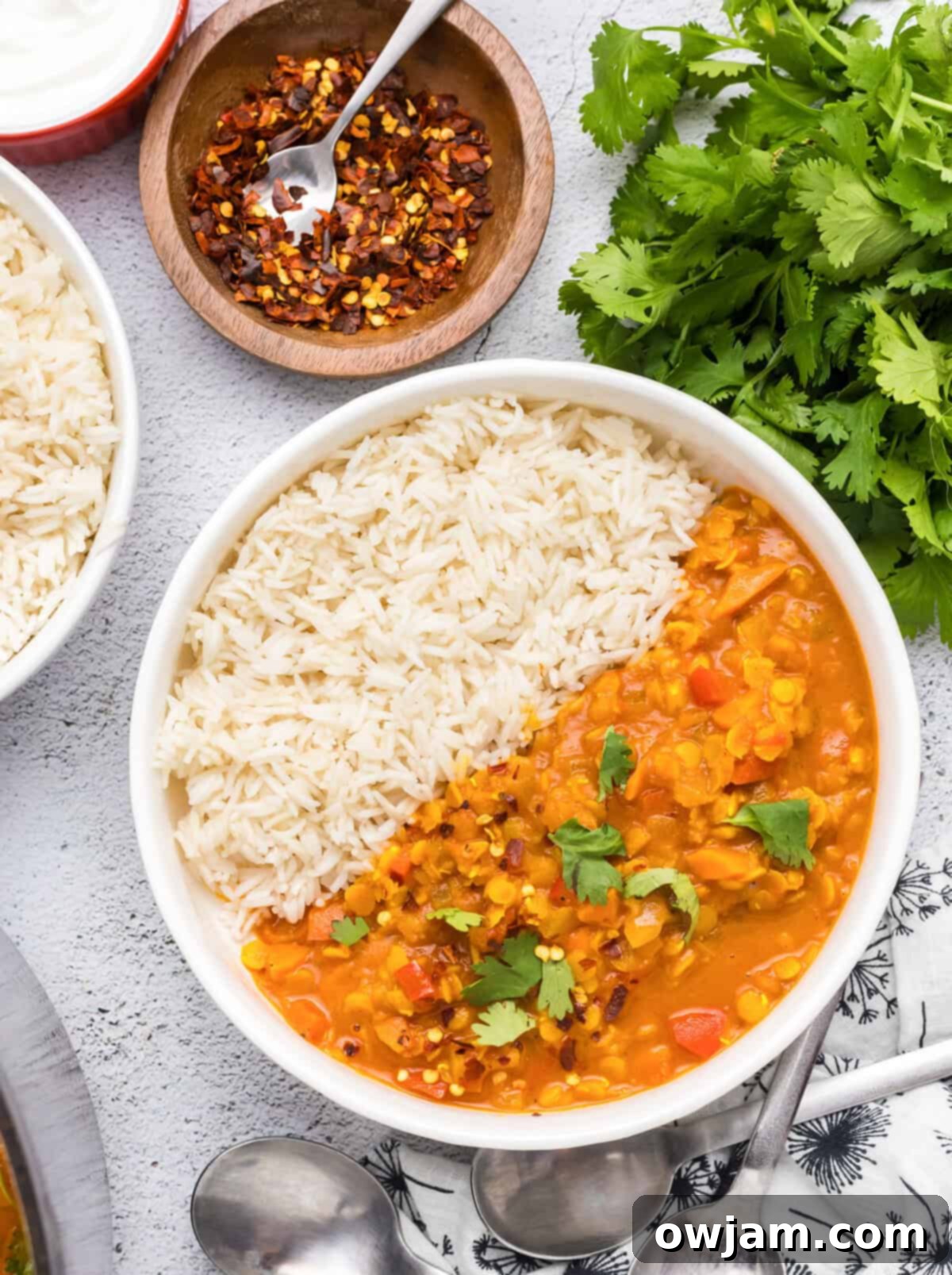 Simple Satisfying Red Lentil Dahl 2 A vibrant bowl of Easy Red Lentil Dahl Recipe garnished with fresh cilantro and a swirl of Greek yogurt