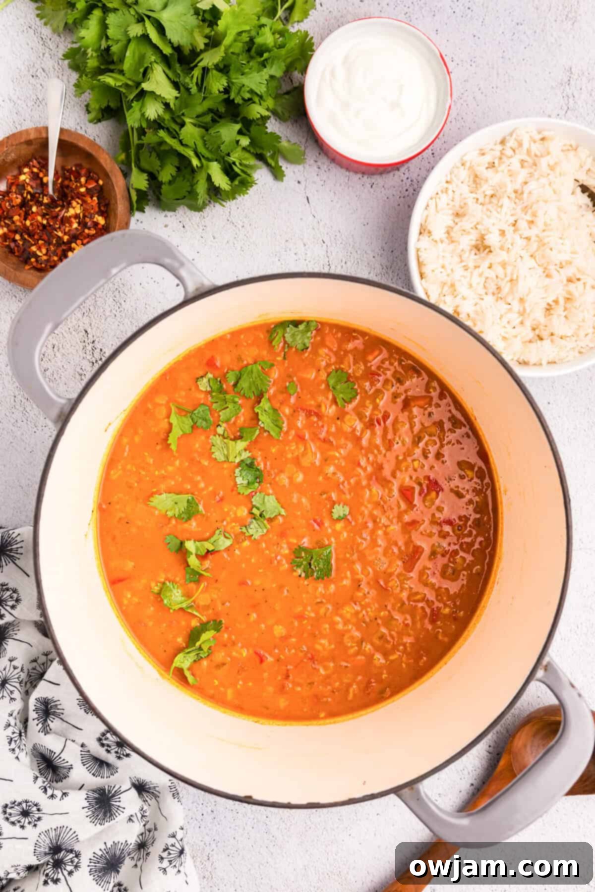 Simple Satisfying Red Lentil Dahl 9 Overhead shot of Easy Red Lentil Dahl simmering in a large pot, showing its thick and inviting texture