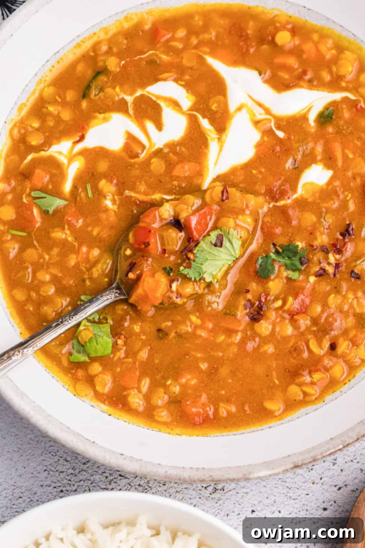 Simple Satisfying Red Lentil Dahl 10 A serving of Easy Red Lentil Dahl in a bowl, topped with Greek yogurt and cilantro, ready to be enjoyed
