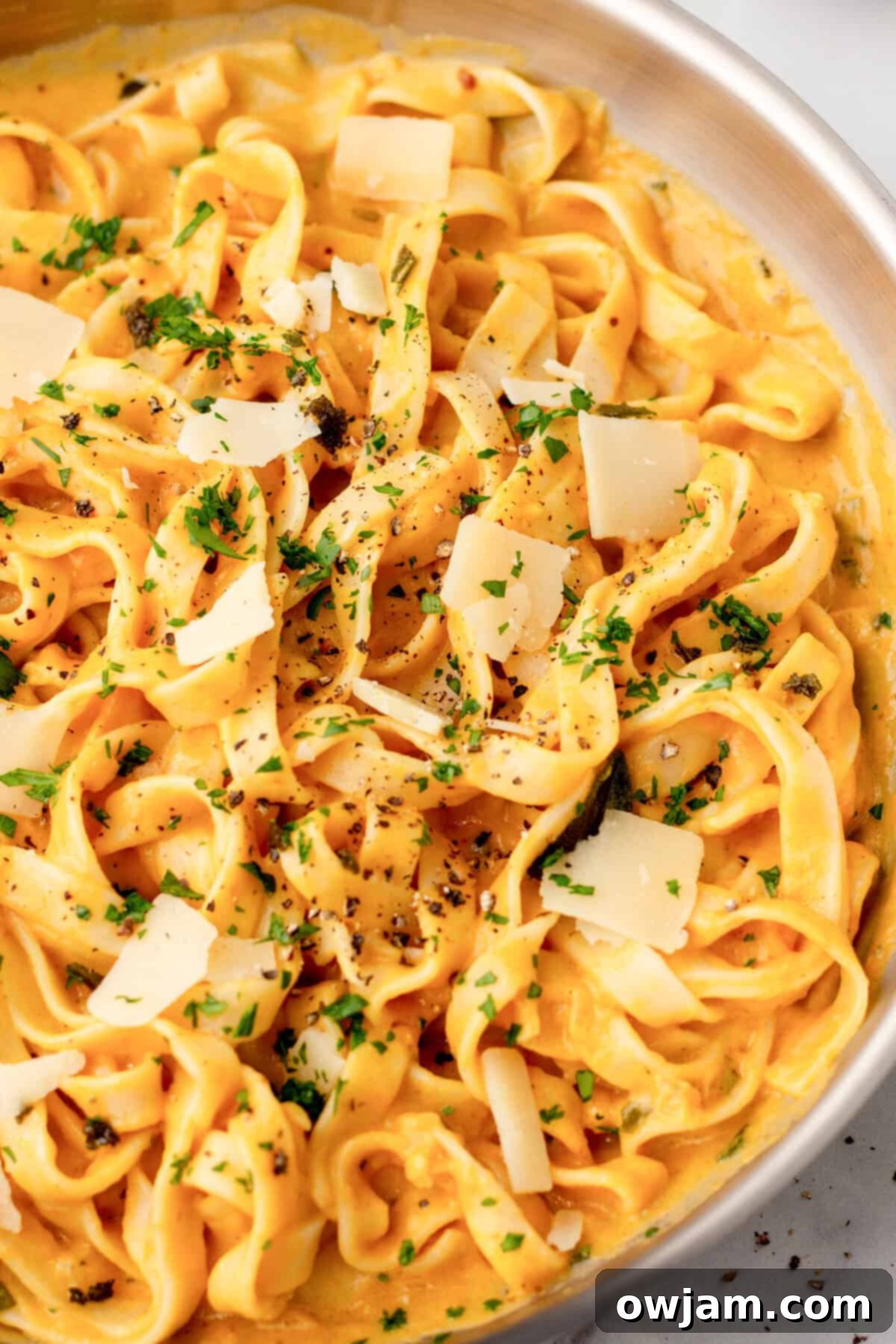 Velvety Pumpkin Pasta Sauce 2 Pumpkin Pasta Sauce in a pot with cheese