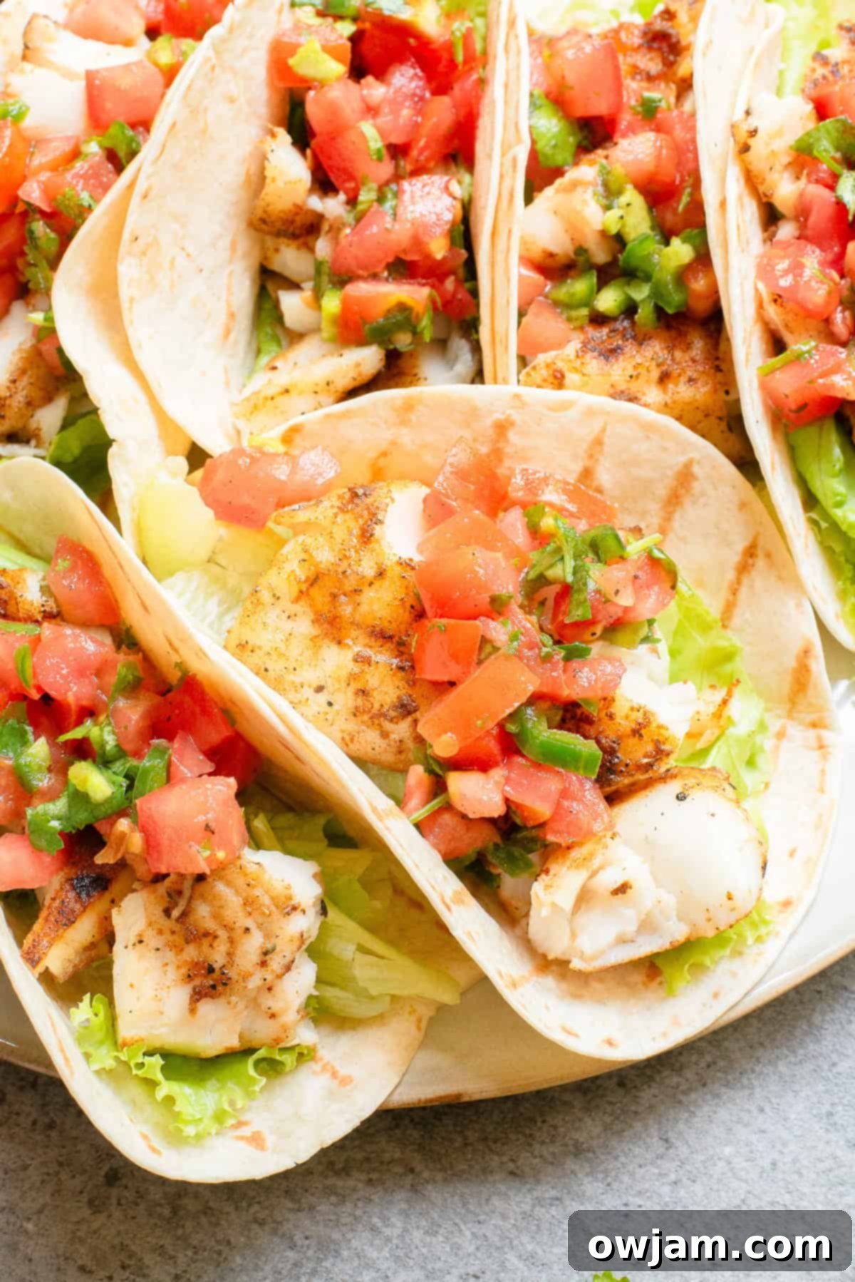 Flame-Kissed Fish Tacos 8 Blackened Fish Tacos with salsa