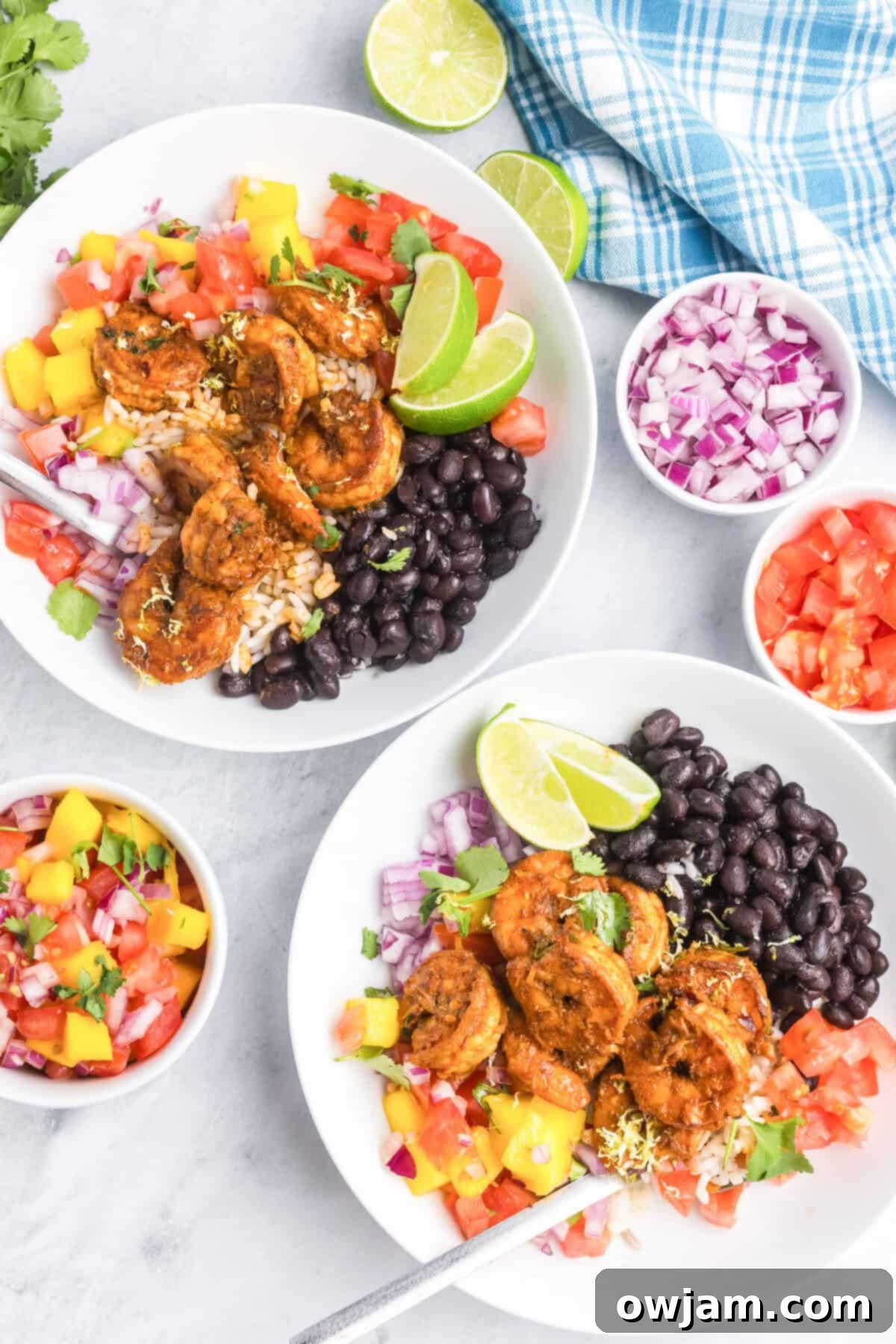 Spicy Shrimp in white bowls 