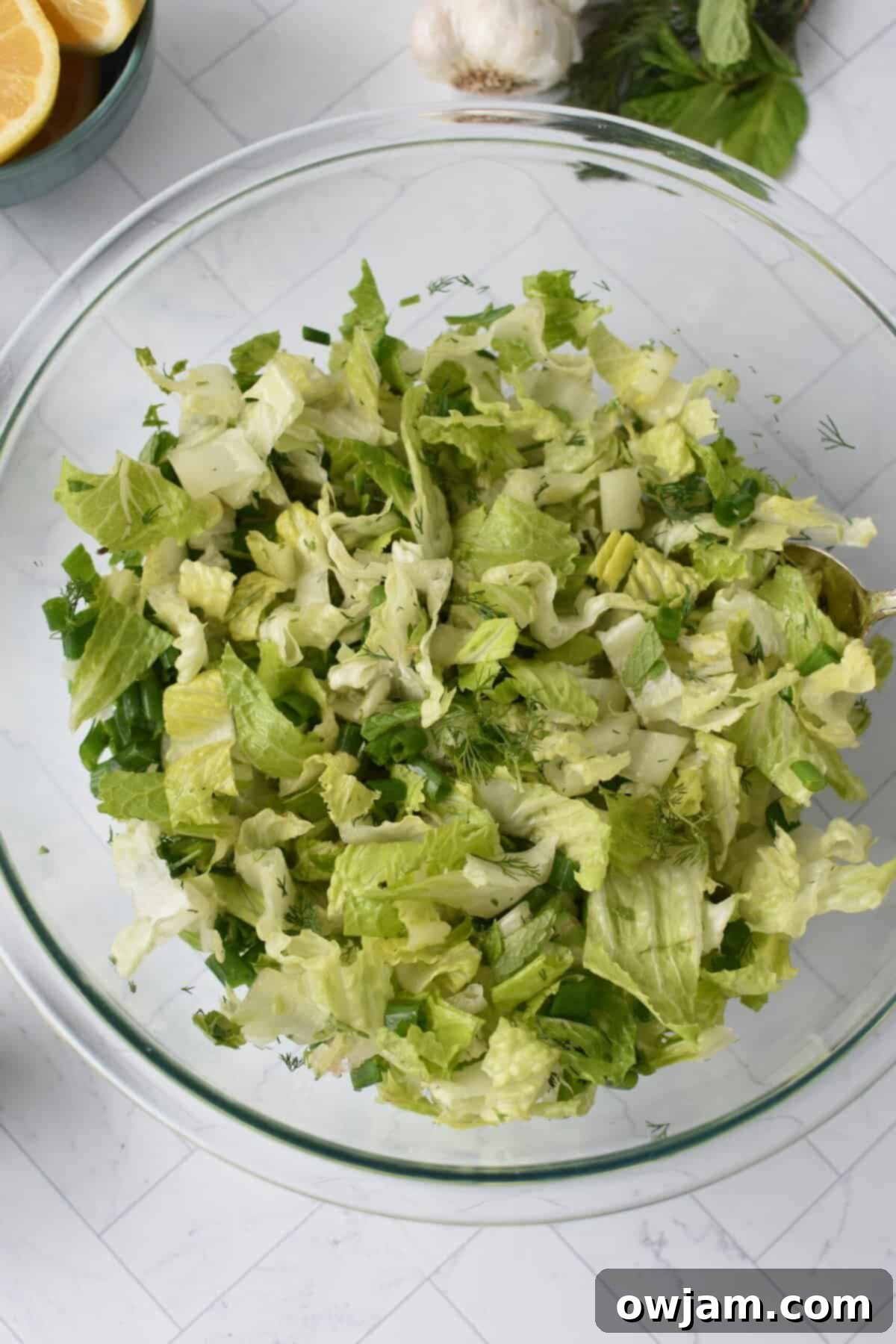 Maroulosalata Crisp Greek Lettuce Salad 8 Maroulosalata in a clear bowl