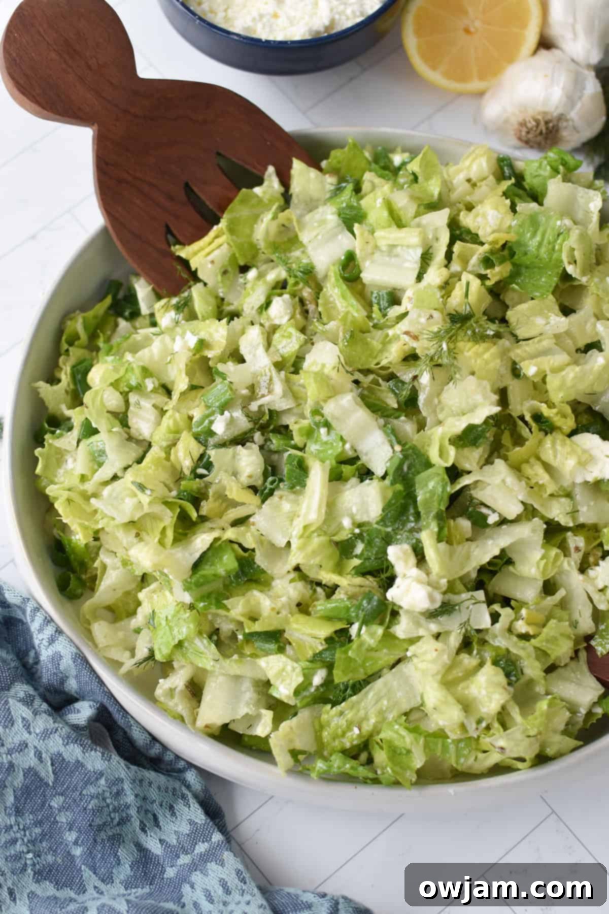 Maroulosalata Crisp Greek Lettuce Salad 9 Maroulosalata in white bowl