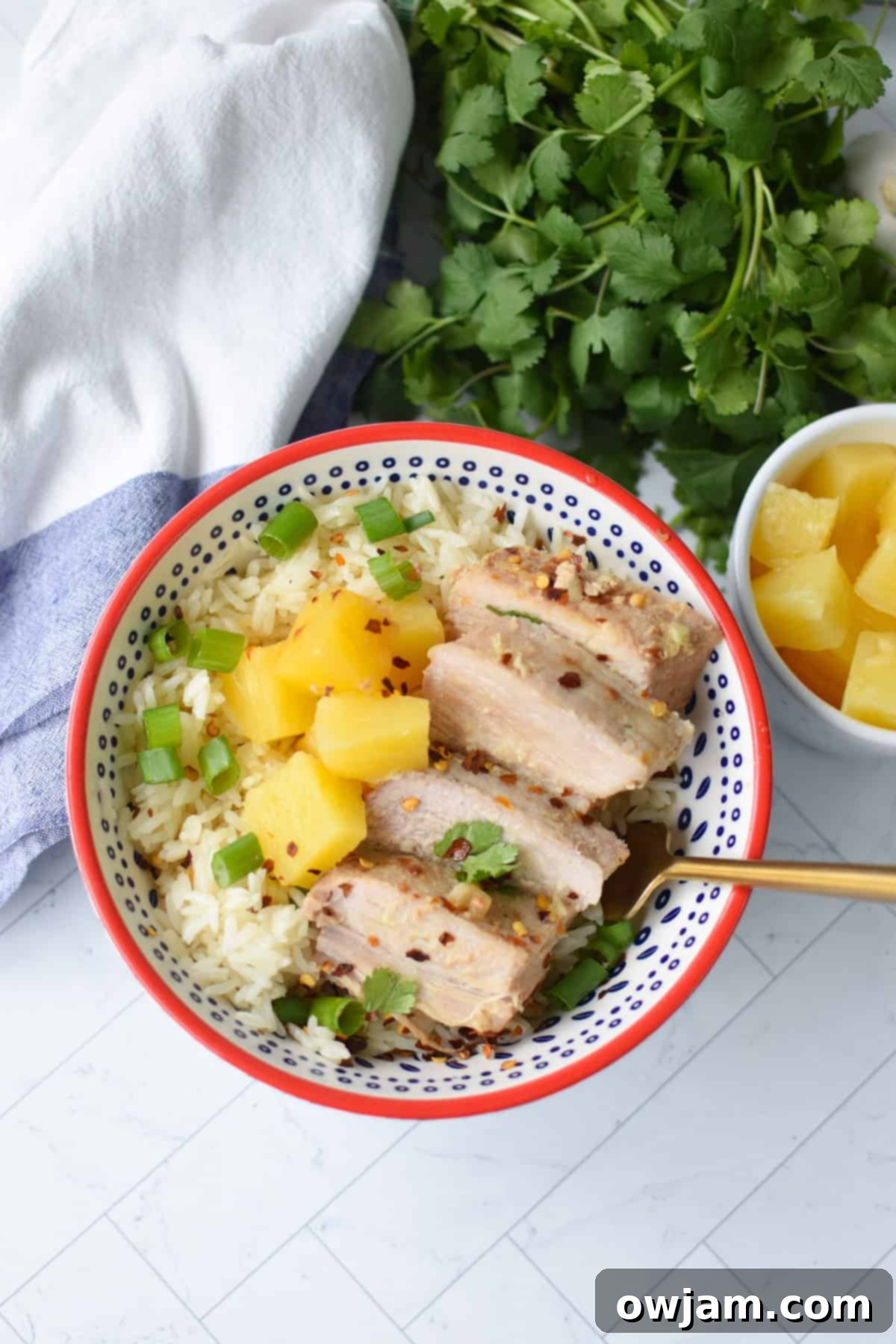 Hawaiian Pineapple Pork 5 Slow Cooker Pineapple Pork Loin in bowl with fork
