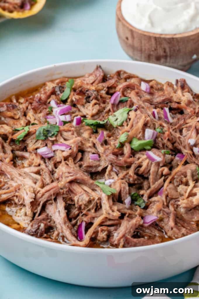 Slow Cooker Pulled Pork Tacos in a big bowl 
