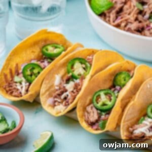 Slow Cooker Pulled Pork Tacos on blue background in taco holders