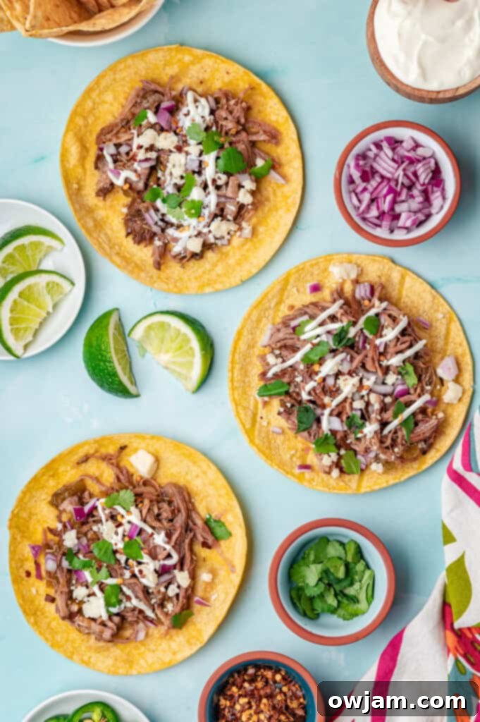 Slow Cooker Pulled Pork Tacos tacos assembled on a blue background 
