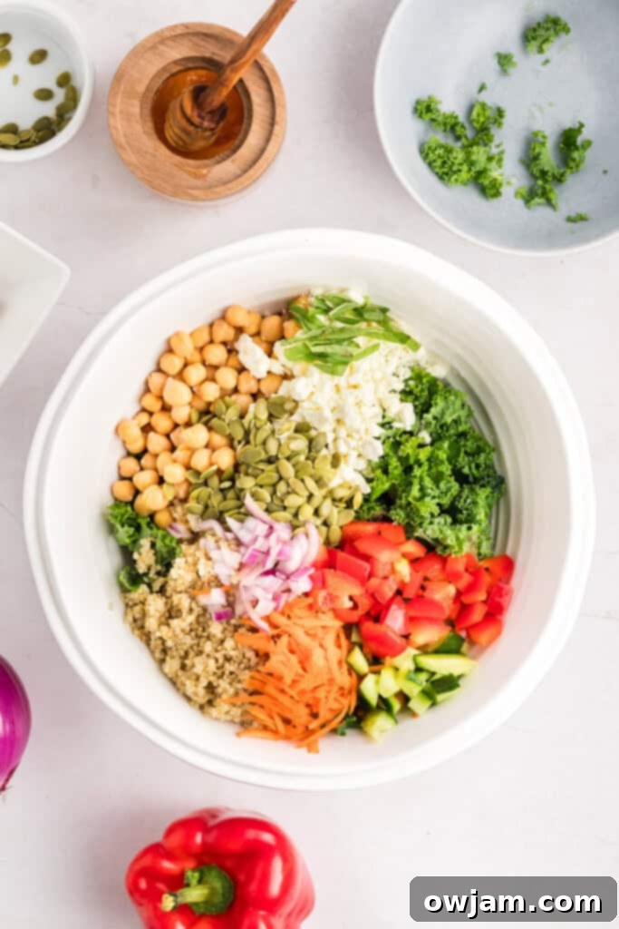 Healthy Kale Chickpea Salad 8 Kale Chickpea Salad ingredients in a bowl