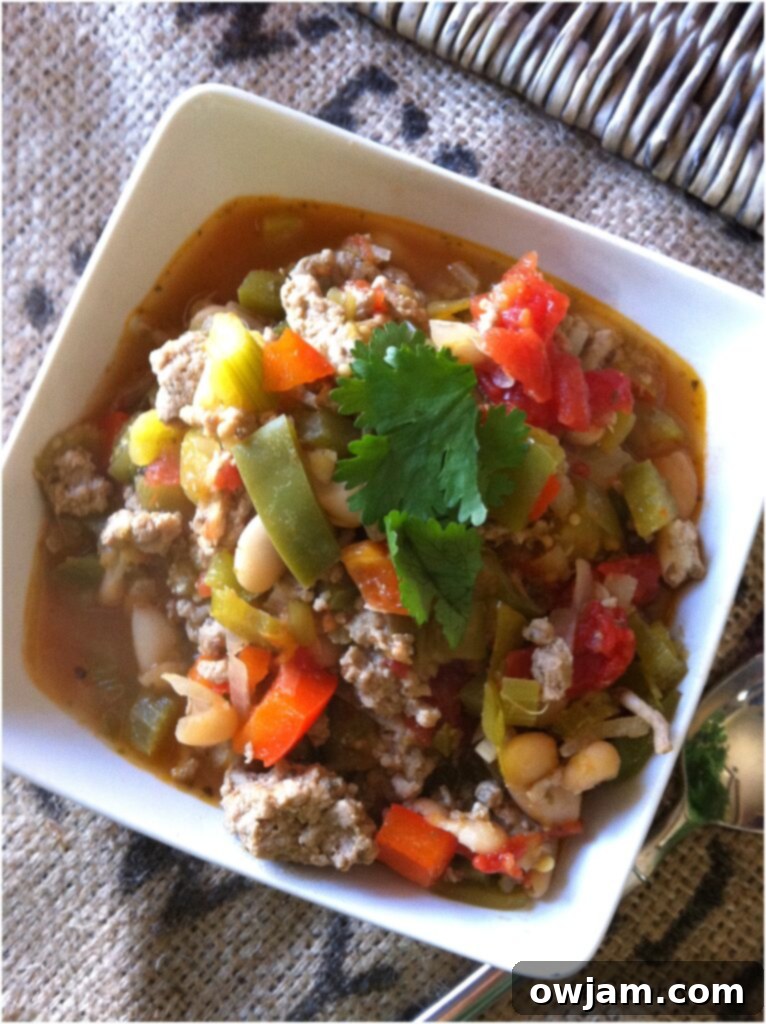 A steaming bowl of hearty Cajun Green Chili ready to be enjoyed on Fat Tuesday