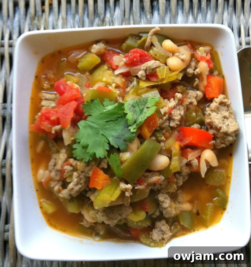 A beautiful bowl of Cajun Green Chili, a spicy turkey chili perfect for a festive meal