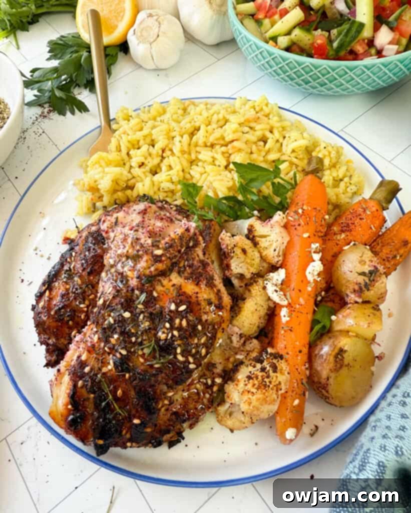 One Pan Zaatar Chicken 2 Sheet Pan Za’atar Chicken on plate with blue rim