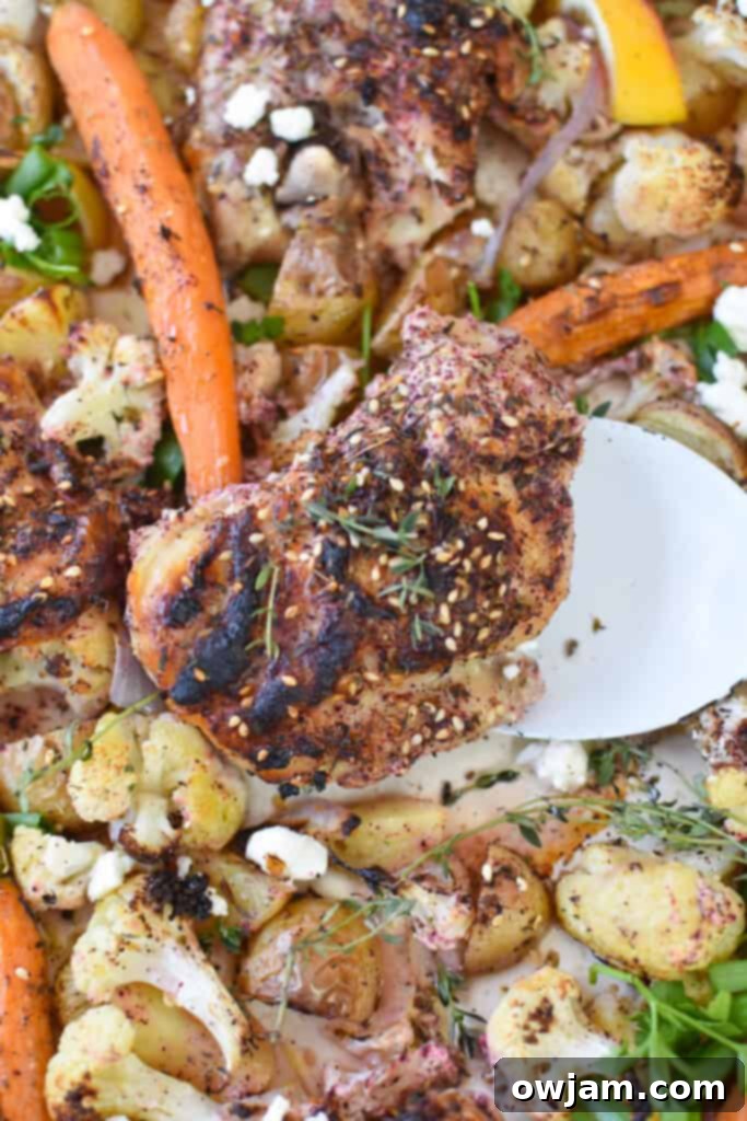 One Pan Zaatar Chicken 13 Sheet Pan Za'atar Chicken on sheet pan with spoon