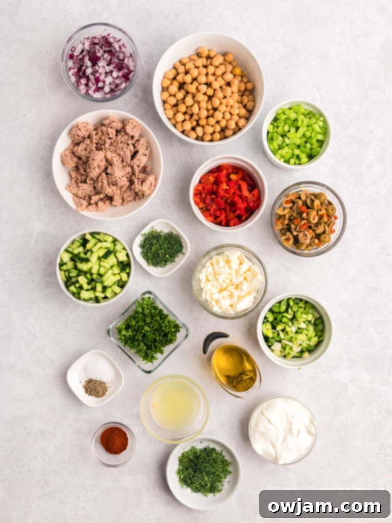 Refreshing Mediterranean Tuna and Chickpea Salad 4 Mediterranean Tuna and Chickpea Salad recipe ingredients laid out