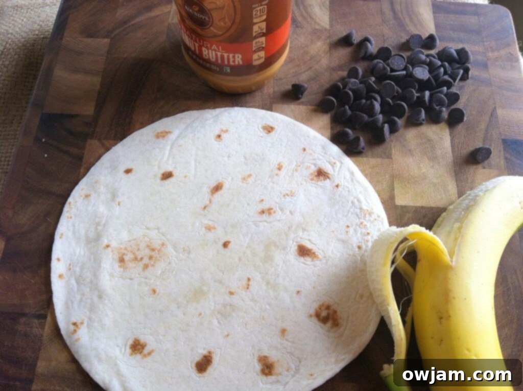 First step of making a Dulce Quesadilla: placing tortilla on a cutting board.