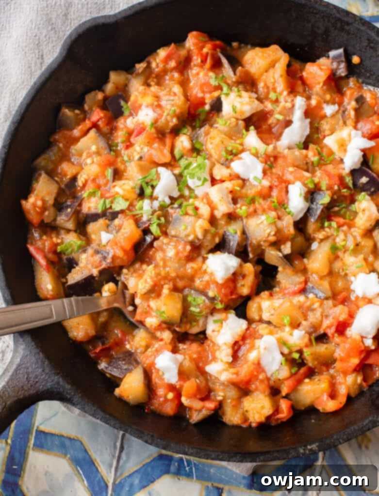 Skillet Tomato and Eggplant with spoon in pan 