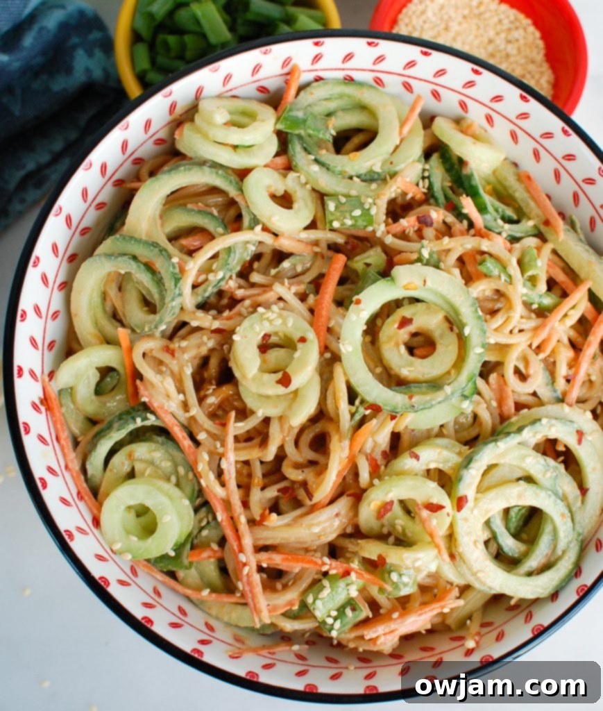 Overhead view of Cold Sesame Noodles in a bowl, garnished with toasted sesame seeds and chopped green onions.