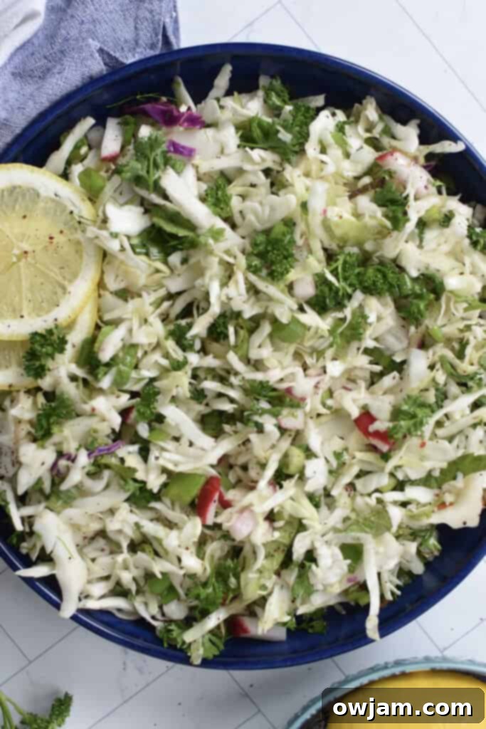 Tangy Malfouf Cabbage Salad 2 Malfouf Salad in a blue bowl with a lemon slice