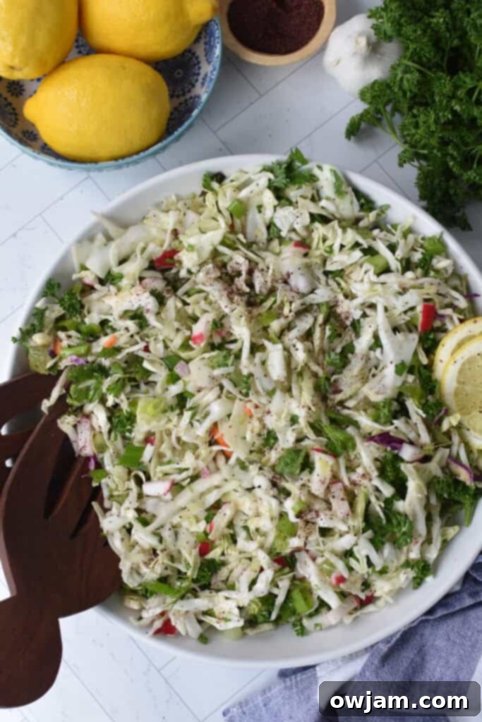 Tangy Malfouf Cabbage Salad 4 Malfouf Salad in a white bowl with fork