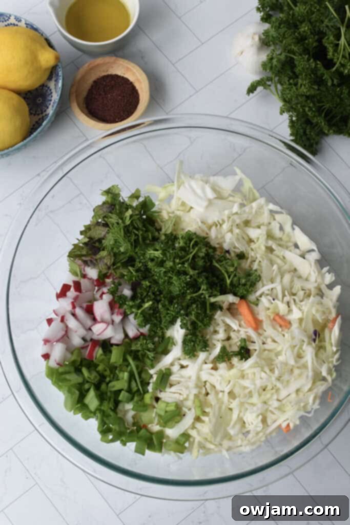 Tangy Malfouf Cabbage Salad 6 Malfouf Salad ingredients in bowl