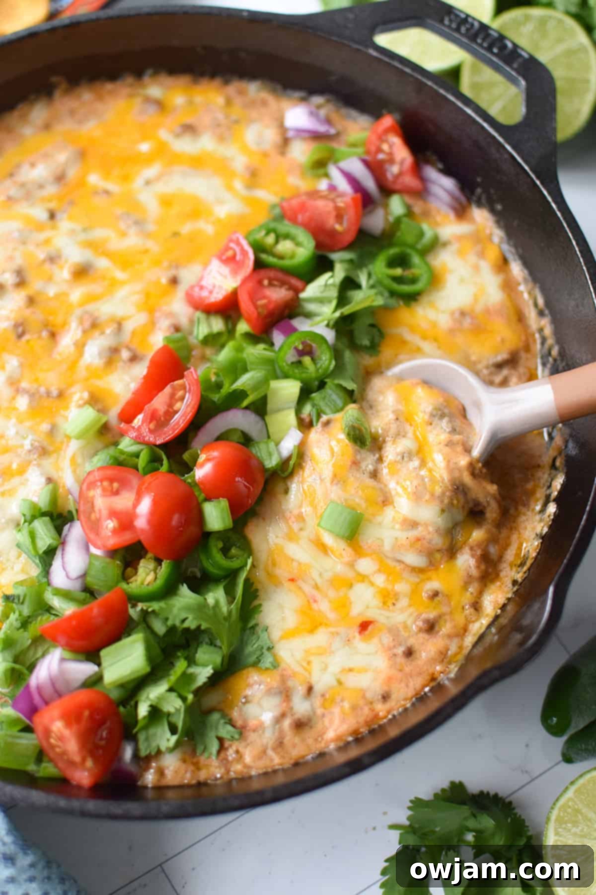 Beefy Cottage Cheese Queso 2 Cottage cheese beef dip baked in a black cast iron skillet and garnished with diced tomatoes, green onion, cilantro and red onions.